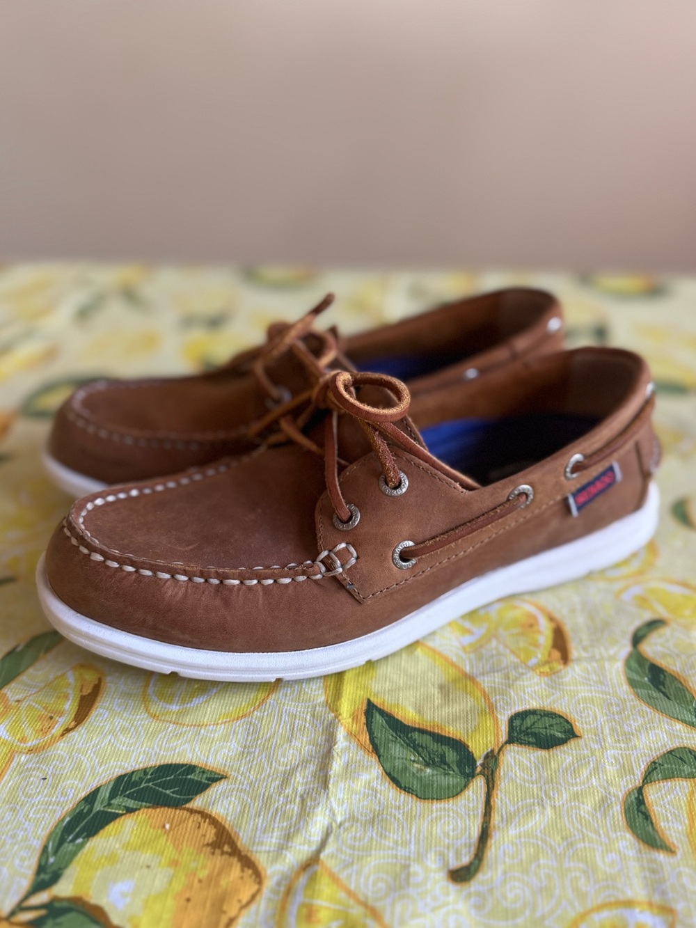 Sebago Brown Leather Boat Shoes with White Sole - Womens size 5.5
